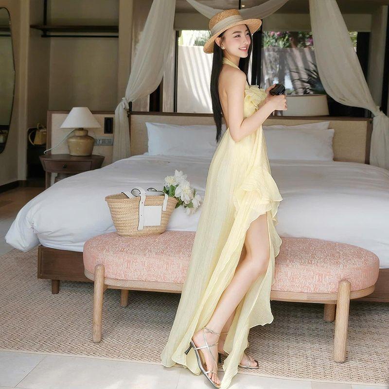 

# Sisjuly# French style Love Fairy Flying Pleat Lace Irregular Frill Sling Dress Women Summer Yellow L