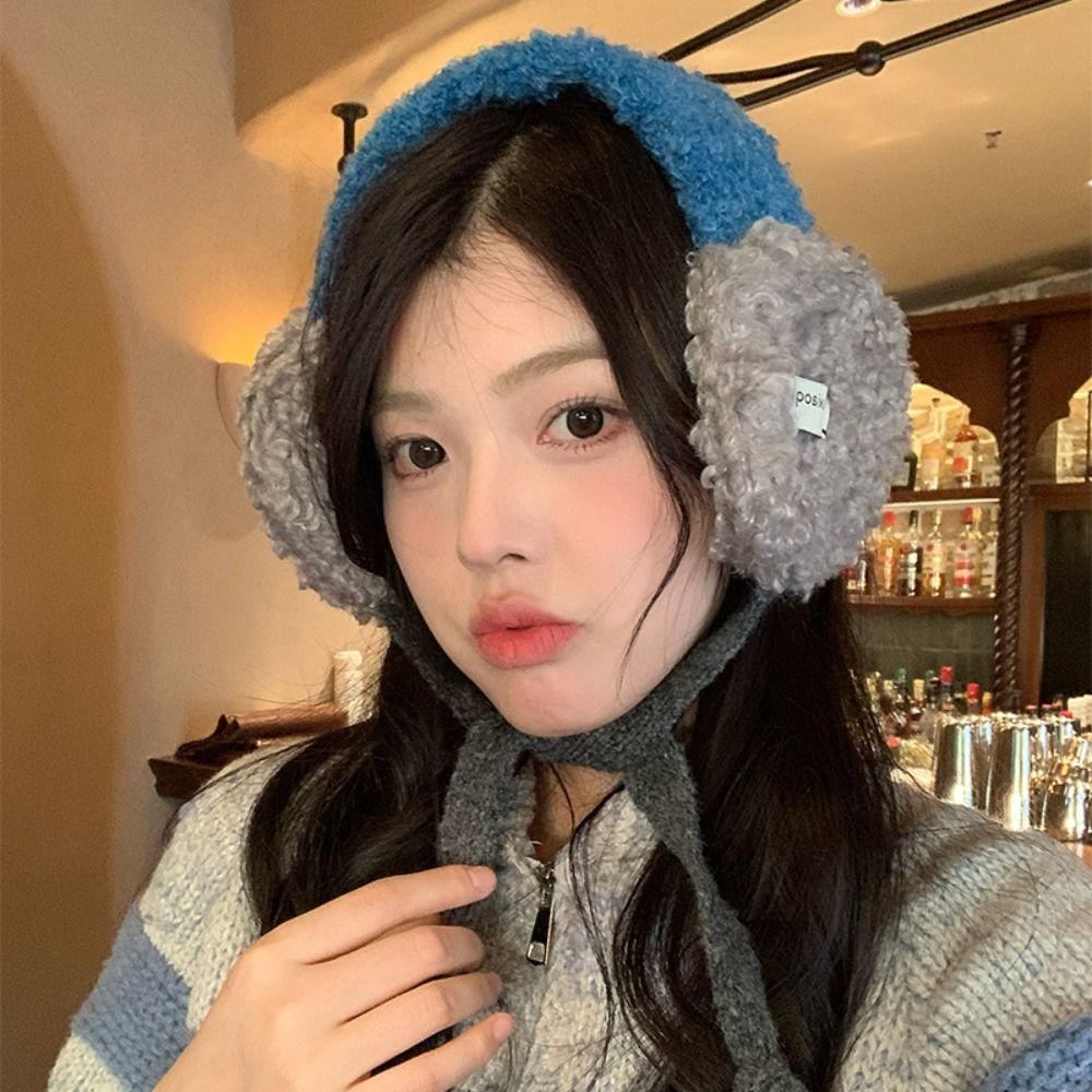 Rolled Plush Earmuffs Color Matching Ear Protection Fashion Lace-up Pullover Hat Winter Outdoor