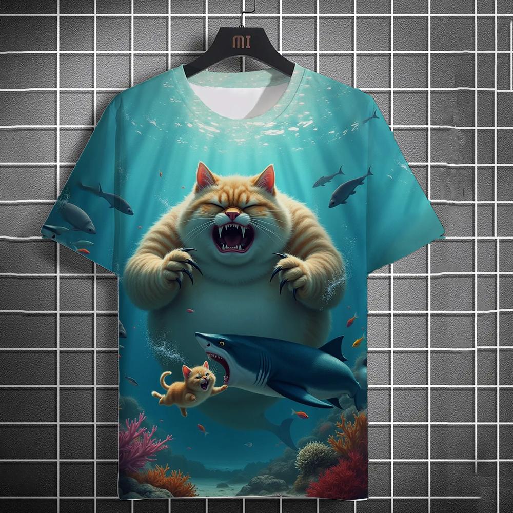 Camiseta Masculina Estampada 3D Praia Gato Pescando Camiseta de Manga Curta Estampada Diária Casual Gola Redonda Poliéster