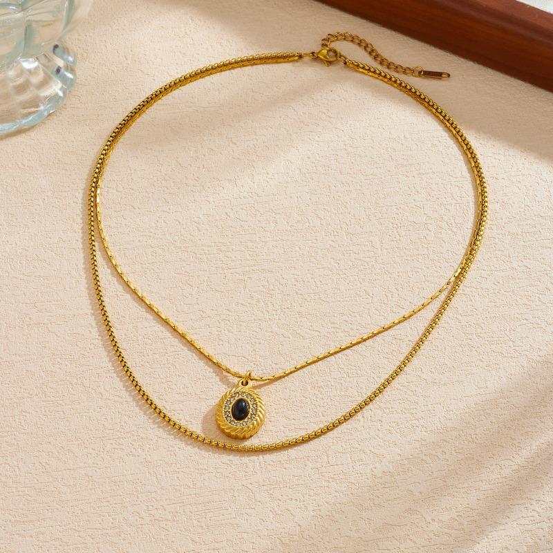 Gold Plated Stainless Steel Layered Black Stone Pendant Necklace for Women золотой