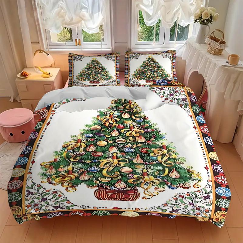 3pcs Christmas Tree with Star Beaded Holiday Bedding Set Includes One Quilt Cover and Two Pillowcases (No Core) - Festive Decorative Bedding for Bedro