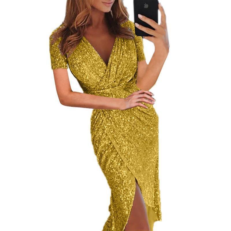 Women Sexy Gold Foil V Neck Long Sleeve Slit Bodycon Midi Evening Party Dress