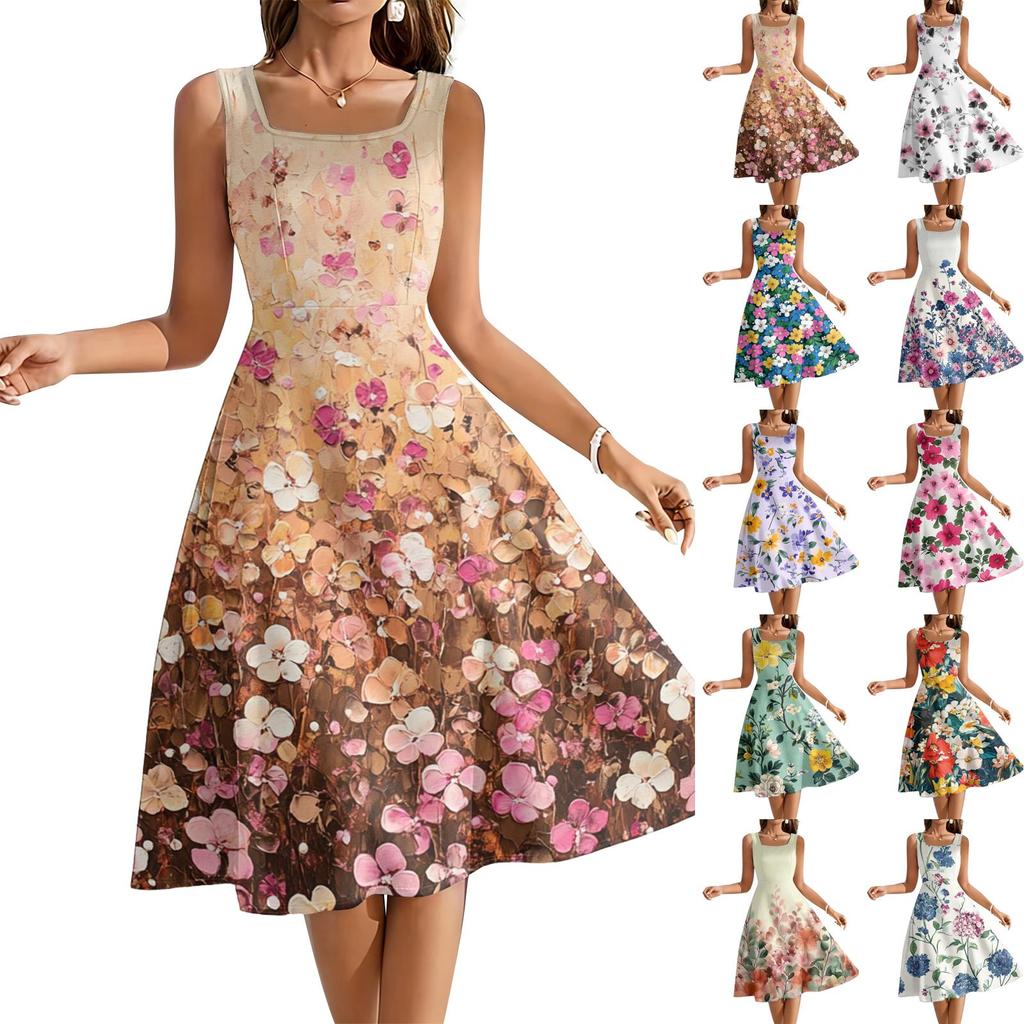 Ladies' Square Neck Floral Sleeveless Dress with a Large Swing