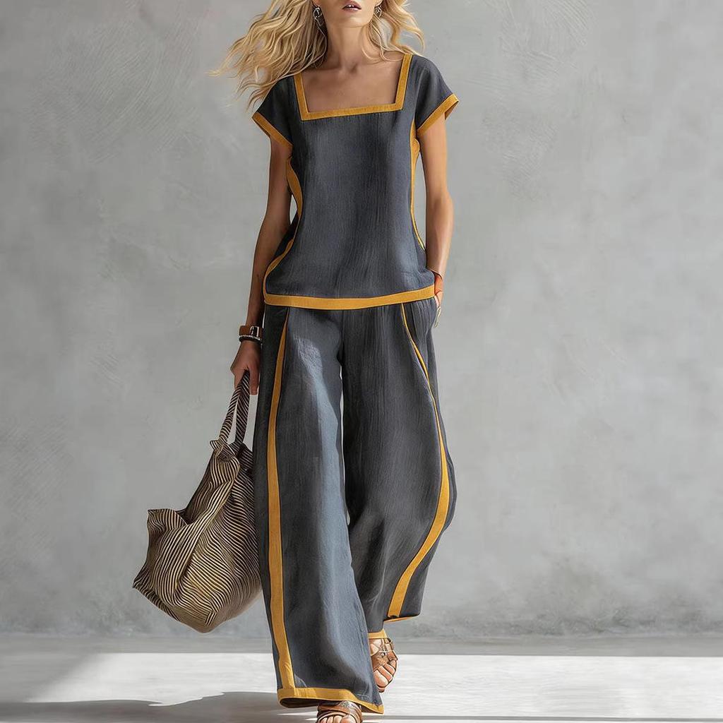 2026 Spring/Summer Women's Color Block Square Neck Top & Wide-Leg Pants Two-Piece Set