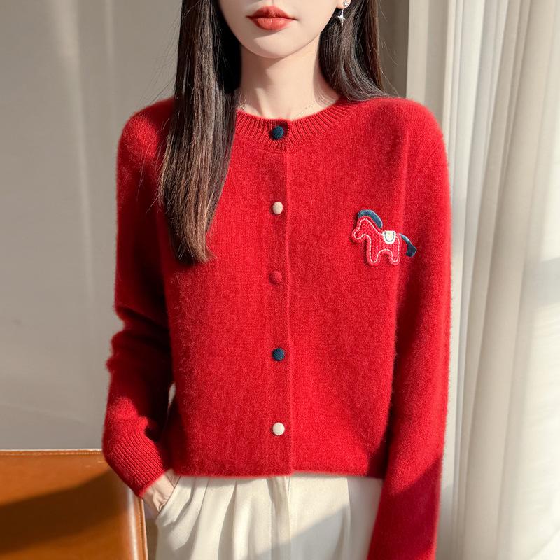 2026 Autumn/Winter Wool Sweater: Round-Neck Knit Cardigan with Colorful Buttons, Small Horse Design, Red Zodiac New Year Outerwear