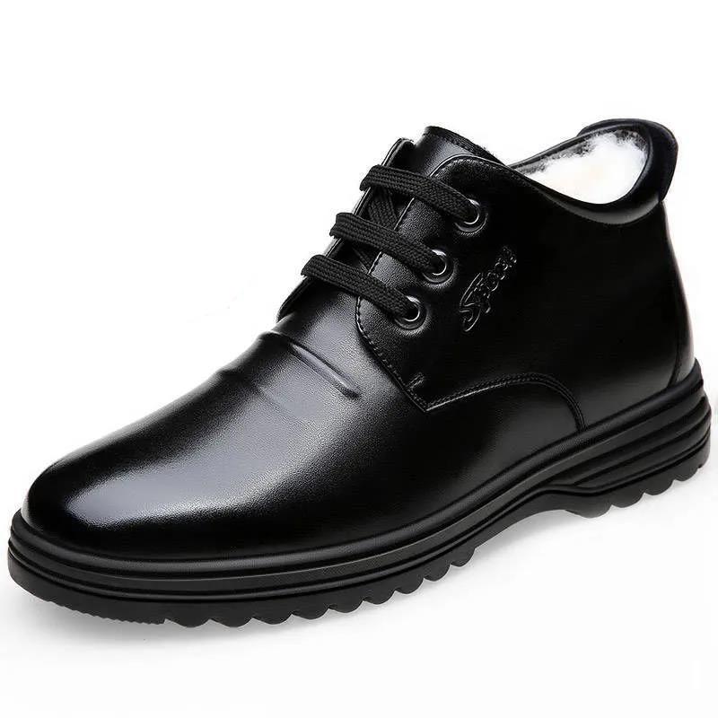 2025 Winter Velvet Thickened Leather Men's Shoes Warm Cotton Shoes Middle-aged and Elderly Lace-up Men's Shoes Non-slip Comfortable Soft Sole