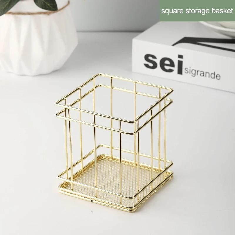 Nordic Iron storage Basket jewelry organizer Gold Office Desktop Sundries Makeup Brushes Holder Table Cosmetics Organizer Rack