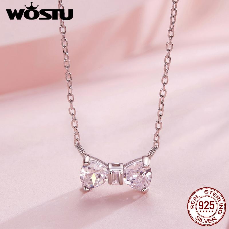 WOSTU Wedding Jewelry Set 925 Sterling Silver Clear CZ Bowknot Necklace Earrings Ring Sweet Bow Knot Jewelry Gift For Girl Lover