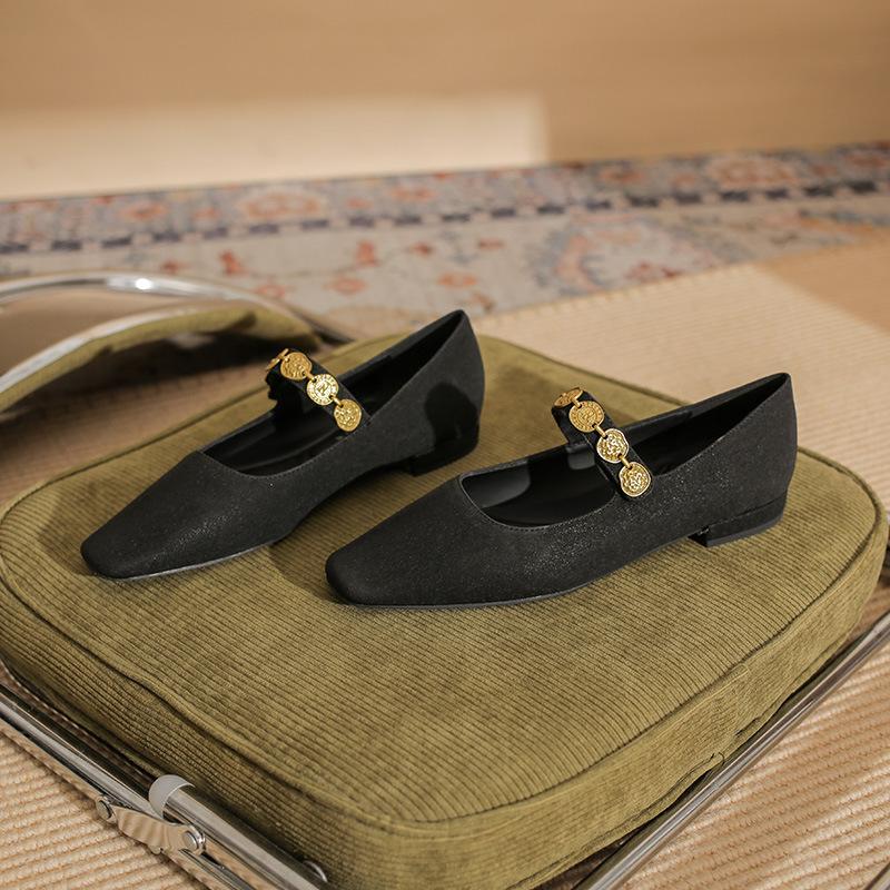 22309 Flat Shoes Women's Thick Heel New Square Head Word with Mary Jane Shoes Retro Shallow Mouth Matte Low Heel Single Shoes