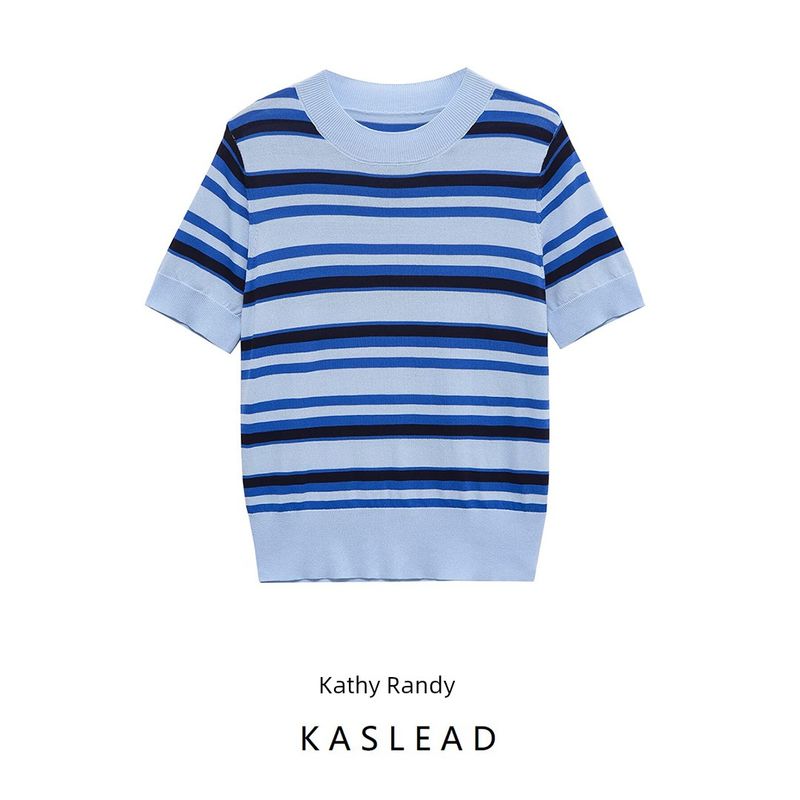 Kaslead New Women clothes Western Style Fashion Comfortable Stripe Short sleeve Knitted Top 0014006