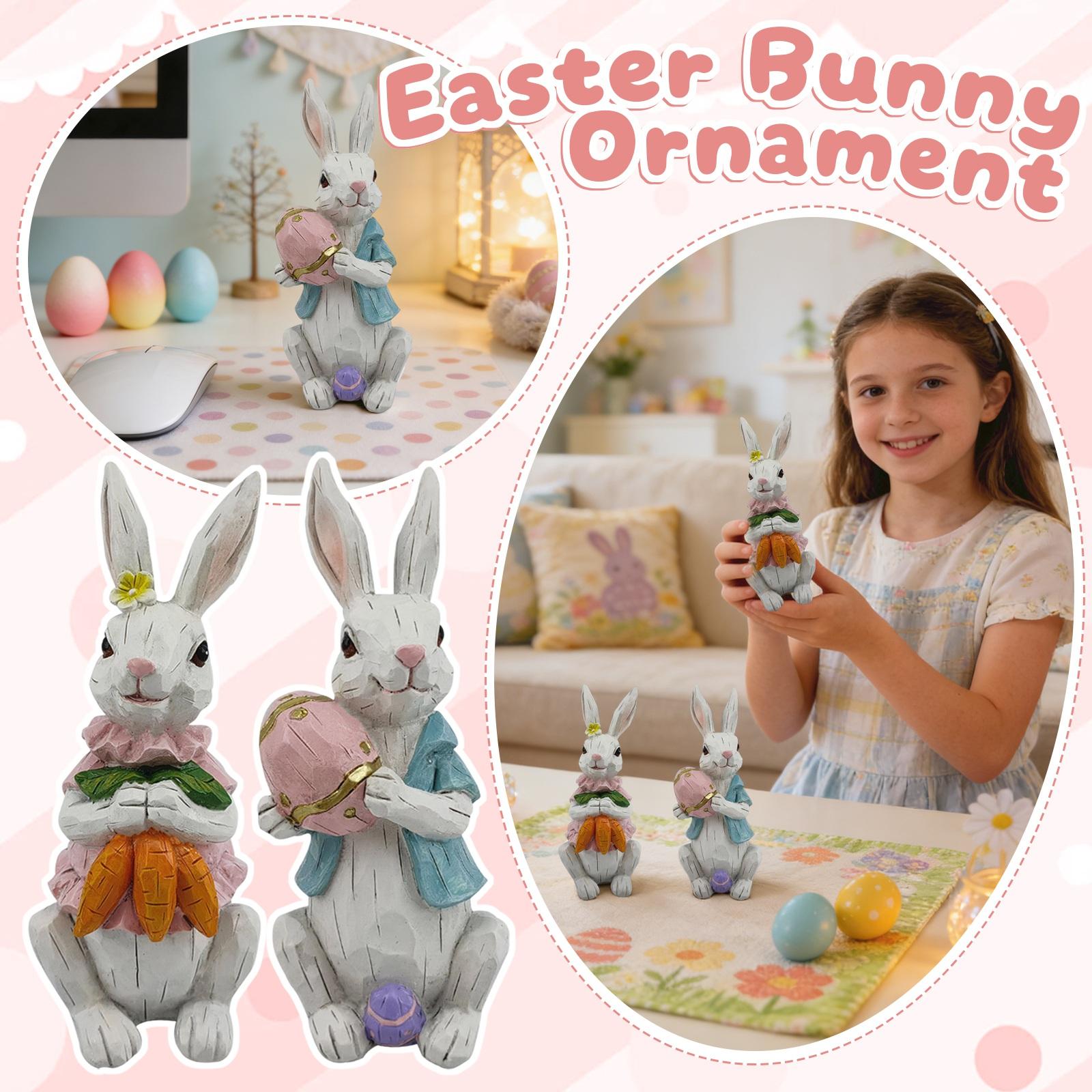 Two Easter Bunnies Holding Carrots And Eggs, Creative Resin Craft Desktop Decorations. One Size