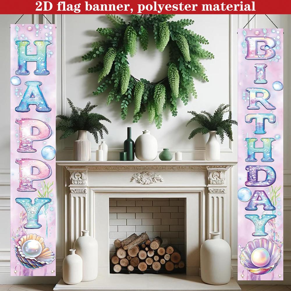 Happy Birthday Couplet Banner Mermaid Shell 1 Pair 180x30cm Indoor Outdoor Decor