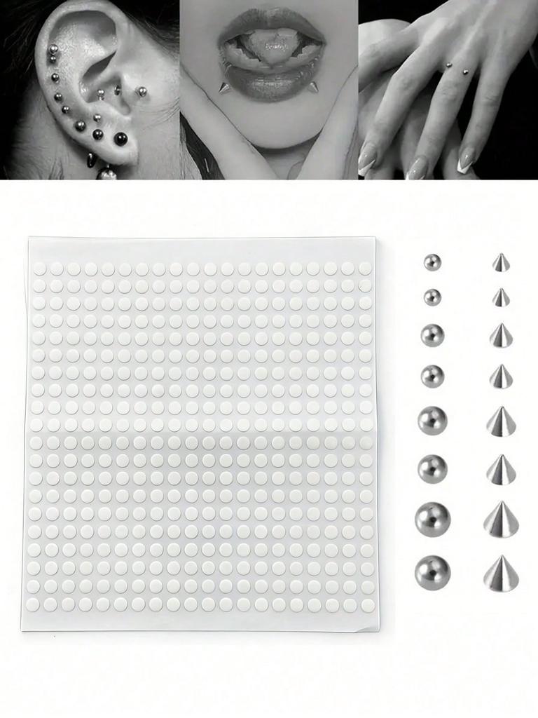 16pcs Mixed Ball & Cone Shape Fake Body Piercing Stickers, Stainless Steel No Need Drilling Nose Ring, Lip Stud