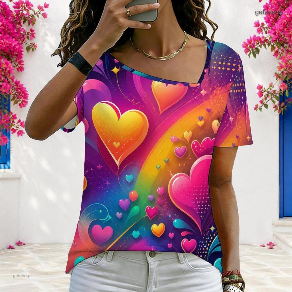 Women Plus Size Asymmetric Neck Short Sleeve Top Colorful Rainbow Heart Vibrant Art Print