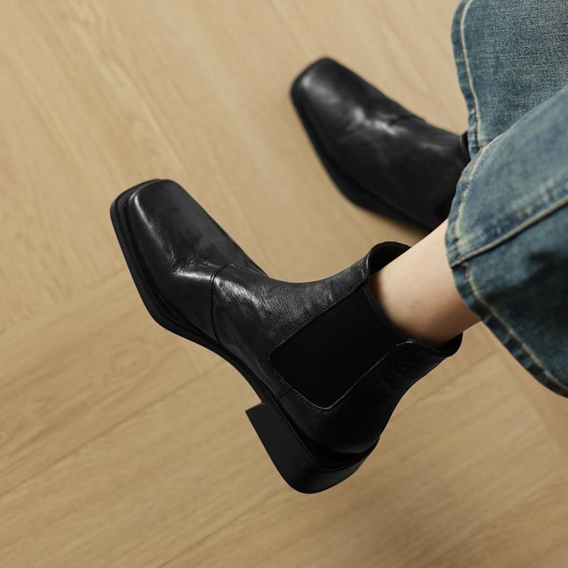 Fashion NEW Autumn Women Boots Genuine Leather Shoes for Women Square Toe Chunky Heel Shoes Slip-on Modern Boots Concise Daily Shoes