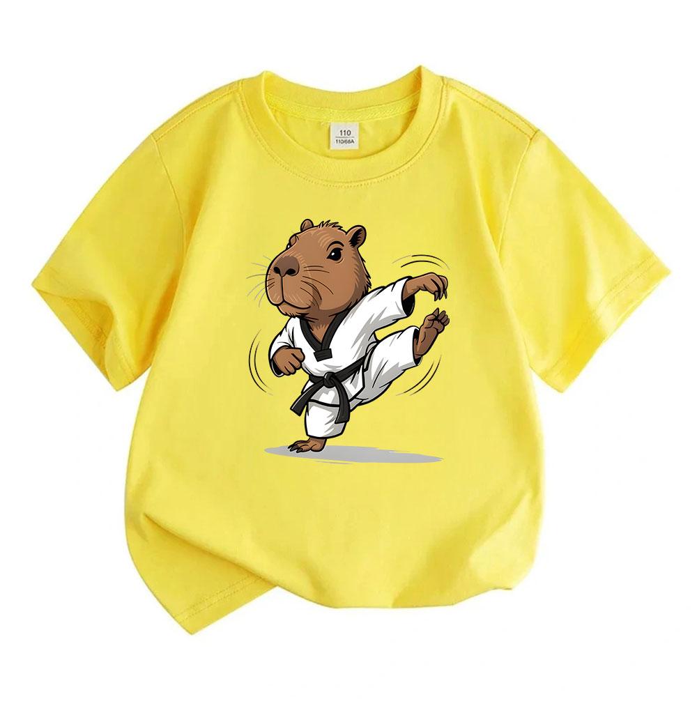 Kids Boys Girls 100% Cotton Crew Neck Short Sleeve T-Shirt, Funny Capybara Taekwondo Karate Martial Arts Cartoon Print Casual Cute Tee for Children Da