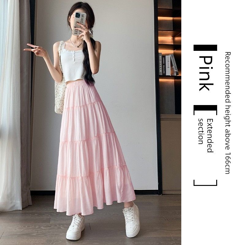 

White Skirt Spring/Summer 2025 New Arrival High Waist Slim Looking A- line Versatile Mid-Length Skirt Small Puffy Cake Dress Pink [Tall]] M [48.00 kg-55.00 kg]]