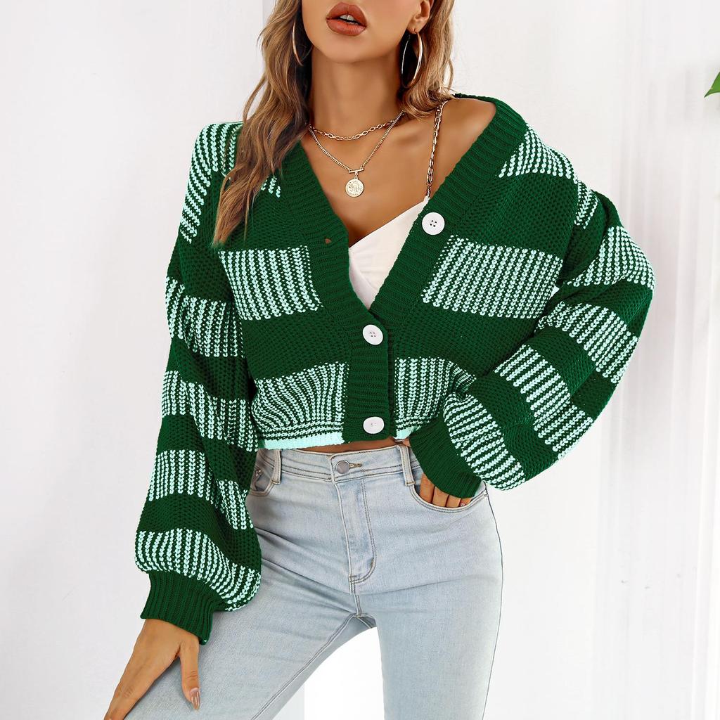QICED Women's Fashion Casual Stripe Print Autumn Winter Long Sleeve V-Neck Loose Sweaters Coats