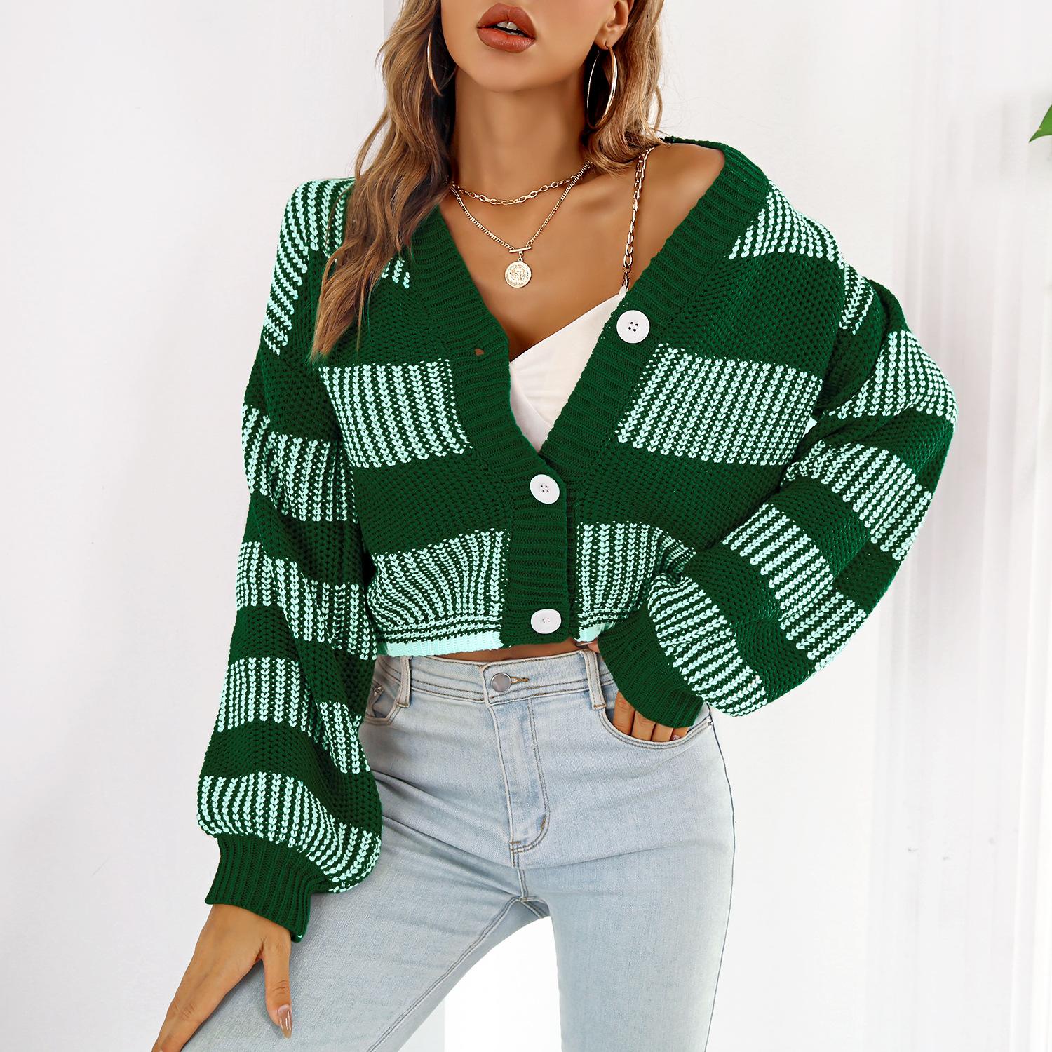 

QICED женские модные повседневные полосатые принты осень-зима с длинным рукавом с v-образным вырезом свободные свитера пальто L зелёный