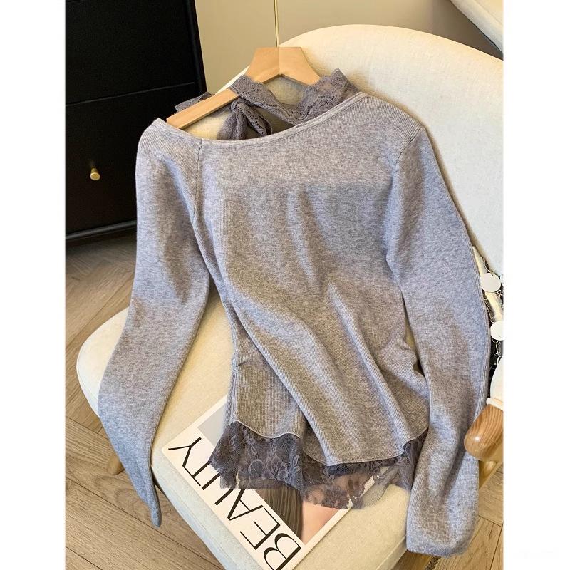 Bowknot Oblique Shoulder Lace Splicing Top for Women - 2025 Spring/Autumn Trendy High-End Base Layer