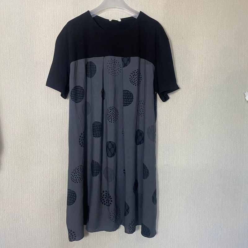 Export Original Order Leftover Stock Tencel Rayon Printed Stitching Short Sleeves Dress Female Loose Plus Size Mid Length Long Length Tops Summer