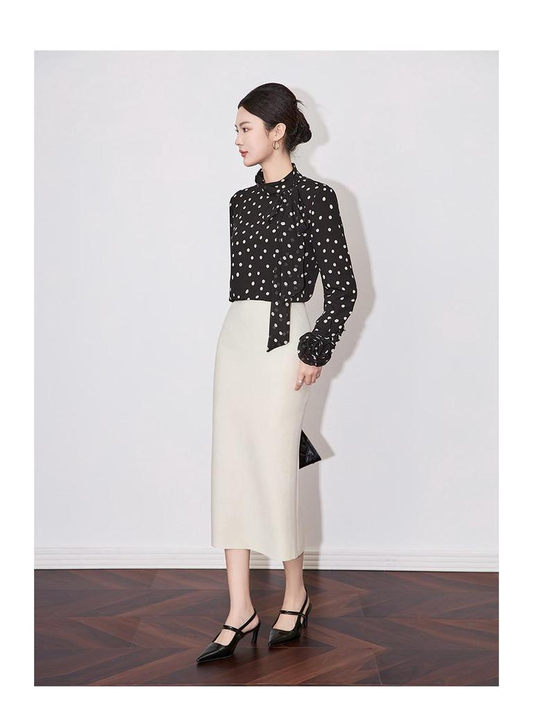 Elegant French Polka Dot Chiffon Shirt: Stylish Bow Design for Early Spring