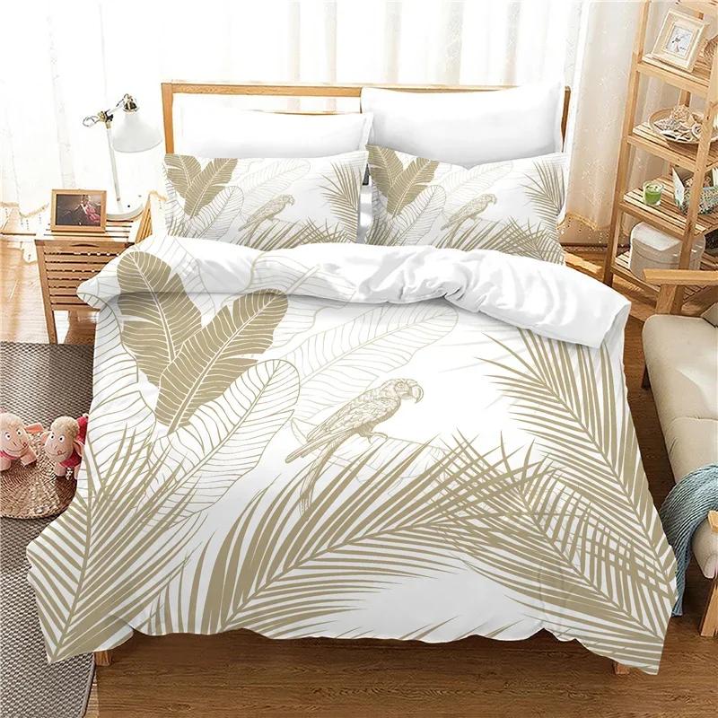 Comforter Print Leaves Bird Feathers Bed Sets Queen Size 100% Polyester Bedclothes 3Pcs Whole Set Peacock Bedding Set Bedroom