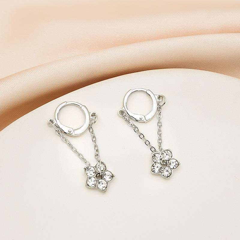 

Korean Stainless Steel Zircon Flower Chain Pendant Tassel Piercing Earrings For Women Wedding Zircon Accessories мідний