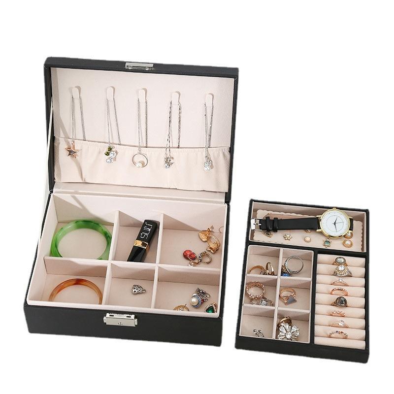 Dubbellaagse Houten Sieradendoos Ringdoos Sieradendozen en Verpakking met PU Leer Sieraden Opbergorganizer en Make-up Koffer