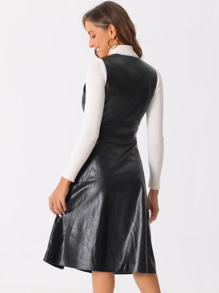 Allegra K Women's Faux Leather V-Neck Dress, Metallic, Sleeveless, Button-Down, Party Midi Dress, Black, Size M