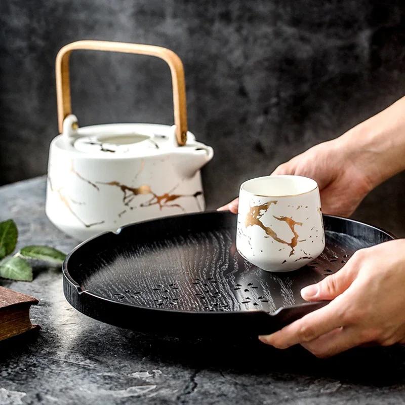 Round Wooden Tray Serving Plate Large Black Coffee Breakfast Serving Platter Dishes Fruit Plate Chinese Tea Tray Wooden Utensils