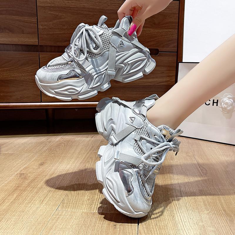 Fashion Trendy Plus Size Platform Sneakers  Thick Sole - Shiny Silver Lace Mesh Women's Shoes  Inner Height Increase Dad Fashion