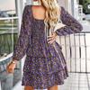 Women's Fashion Casual Print Temperament French Square Collar Long Sleeve Dress