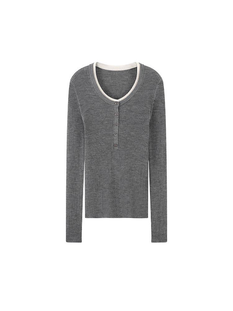 Elegant 60s Count Wool Round Neck Slimming Sweater - Women's Spring/Autumn Style, Faux Two-Piece Design