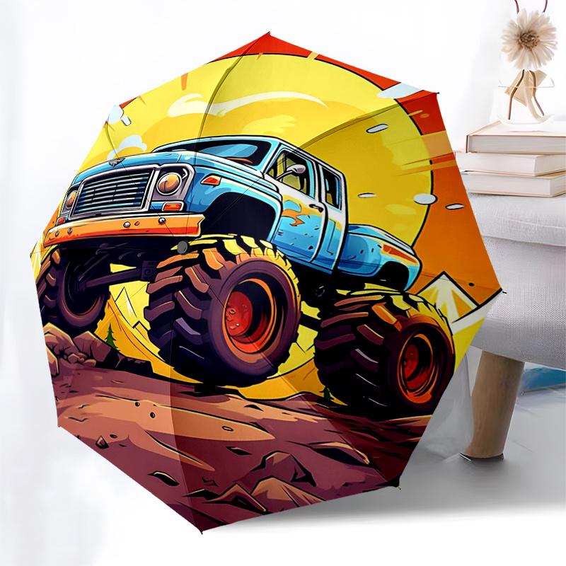 Monster Truck Themed Travel Umbrella 8 Ribs Automatic Opening and Closing, Portable Folding Design, Compact and Stylish Umbrella Suitable fo