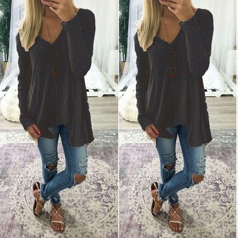Elegant Plus Size Women Long Sleeve Loose Blouse With Baggy V Neck Tunic T Shirt