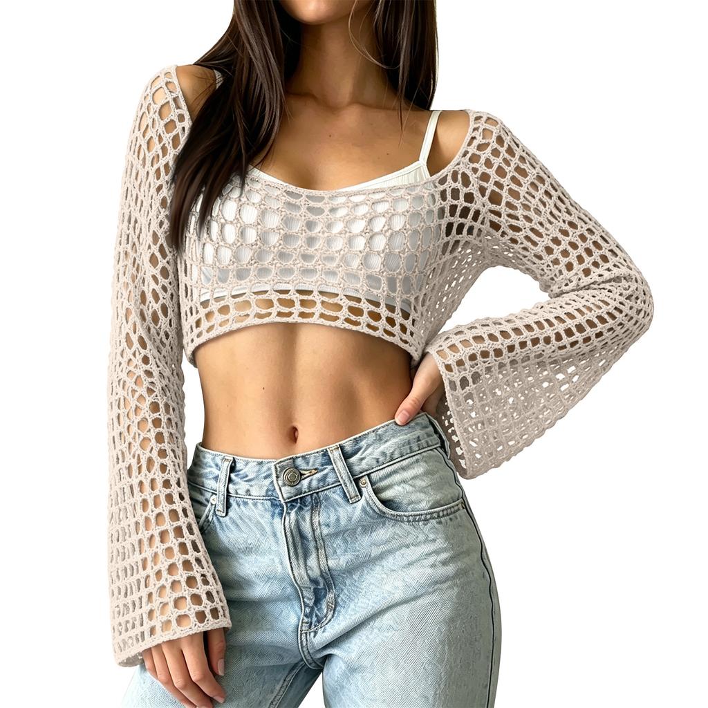 Women's Sunscreen Hollow Long Sleeve Backless Bikini Beach Dress Knit Sweater Cover-Up