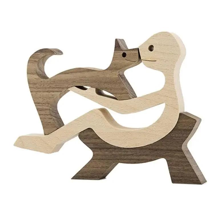 Famiglia Cucciolo Legno Cane Artigianato Figurina Regalo di San Valentino Modello di Intaglio Decorazione per Casa Ufficio Regalo di Natale Decorazione per Coppia