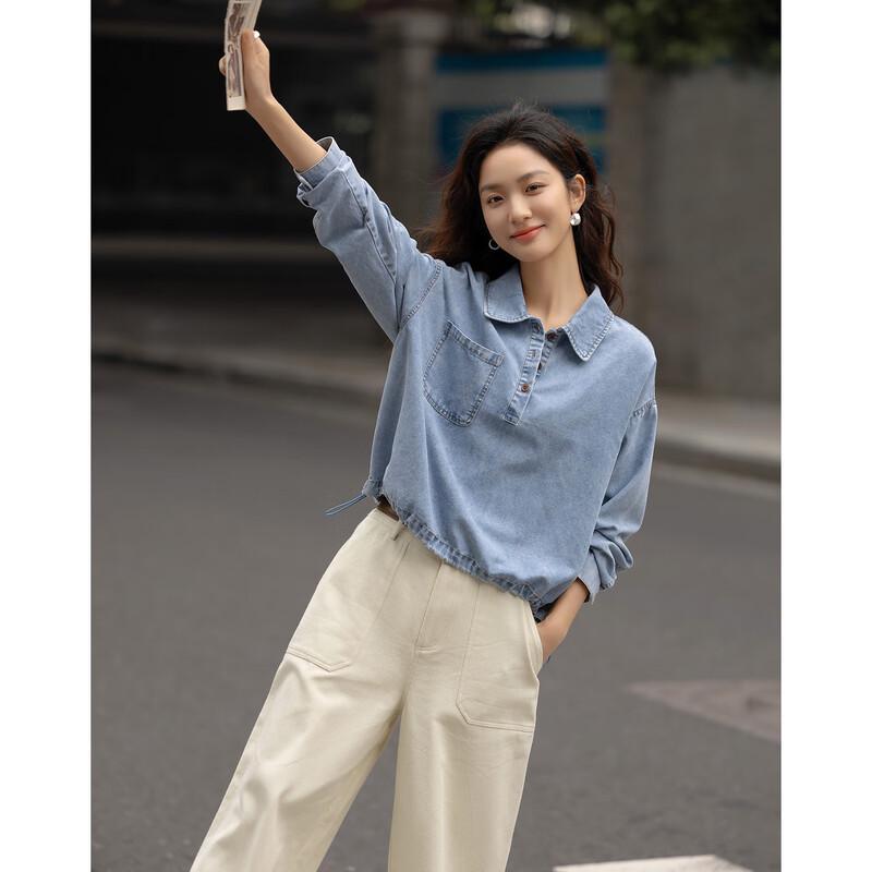 

Demana Women s Short Denim Shirt with Drawstring L