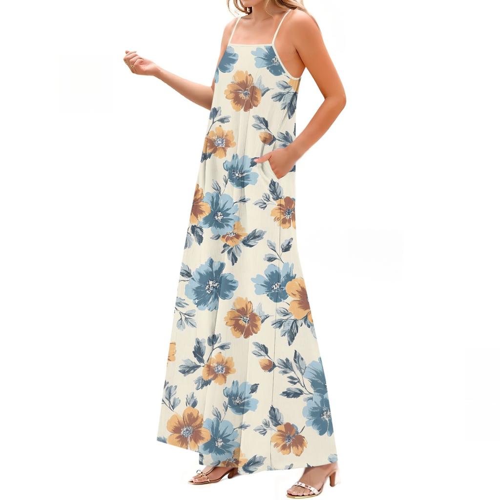 Women's Spring And Summer Casual Fashion Adjustable Suspenders Printed Long Dress