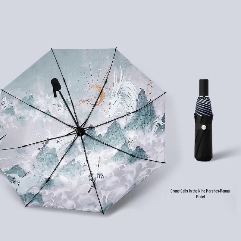 XuQing Crane Design UV Protection Folding Umbrella