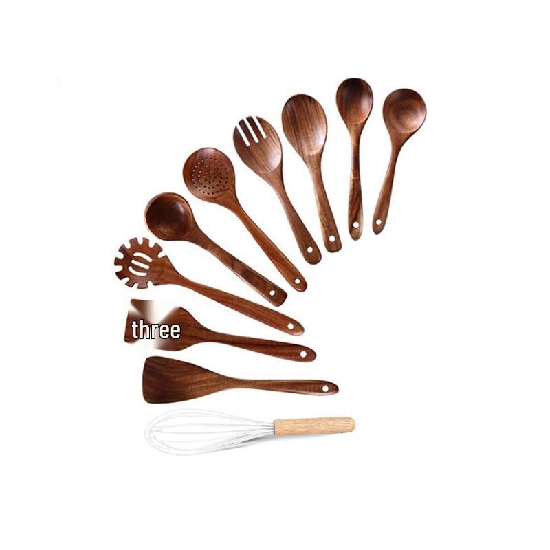 Teak 9-Piece Kitchen Set: Solid Wood Spatula, Spoon, Fork, Non-stick Pan, Acacia Wood Utensils, Long Handle Pot & Vegetable Spatula