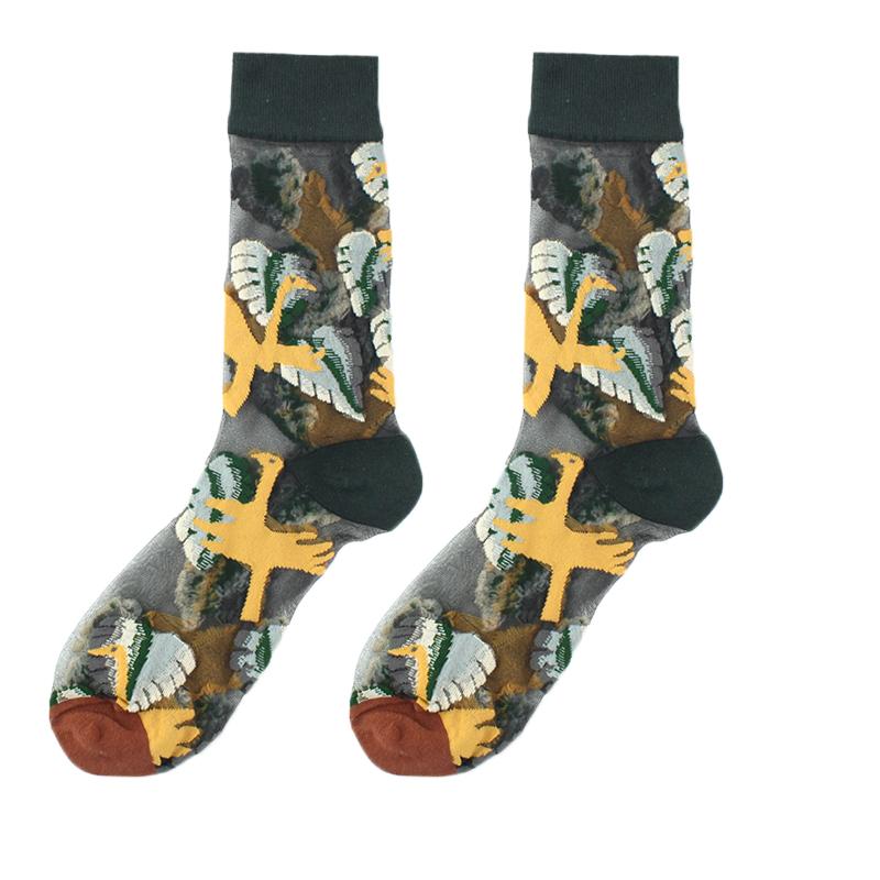 France Hipster Design Glass Silk Floral Bird Funny Socks Women Transparent Streetwear Art Sokken Jacquard Calcetines Divertidos