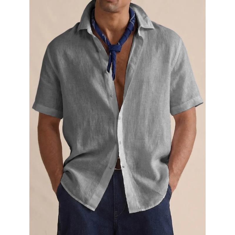 Mens Casual Solid Color Linen Short Sleeve Button Up Shirt