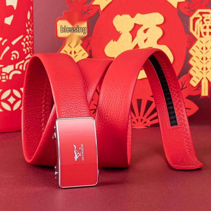 Sevenwolves Men's Red Genuine Leather Automatic Buckle Belt