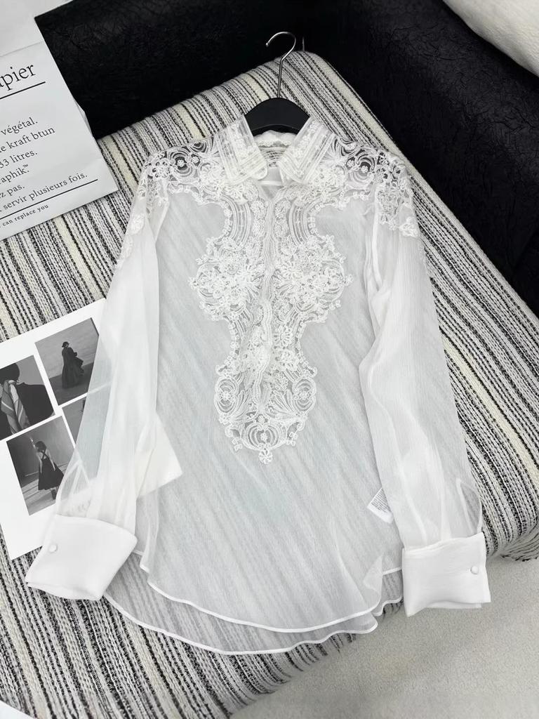 ES Elegant Lace Spliced Mulberry Silk V-neck Blouse with Embroidery