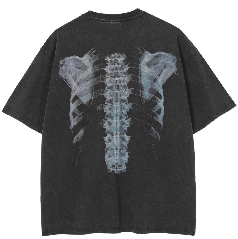 Streetwear Bothsides X-rays Graphic T-Shirt Cotton Washed Black Tshirt Unisex Short Sleeves T Shirt