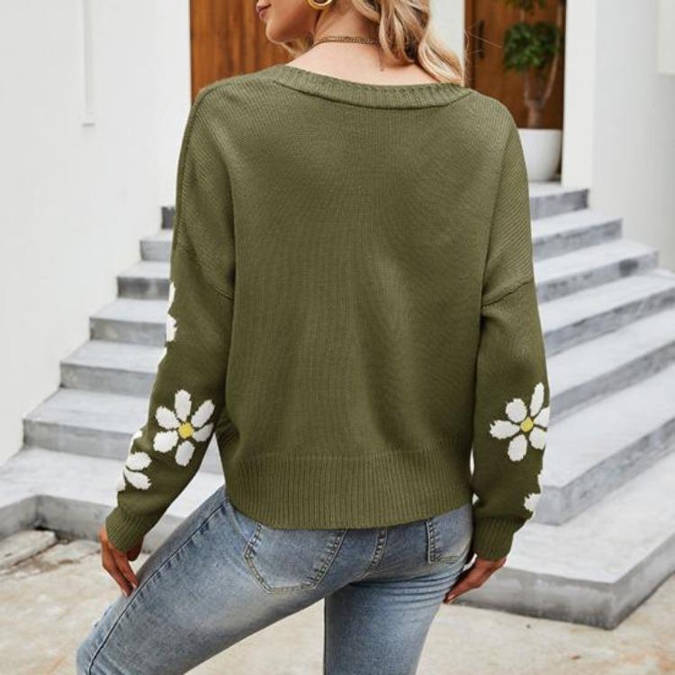 V Neck Floral Pattern Knitwear Cardigan Women Long Sleeve Button Placket Knitting Coat Sweater Jacket