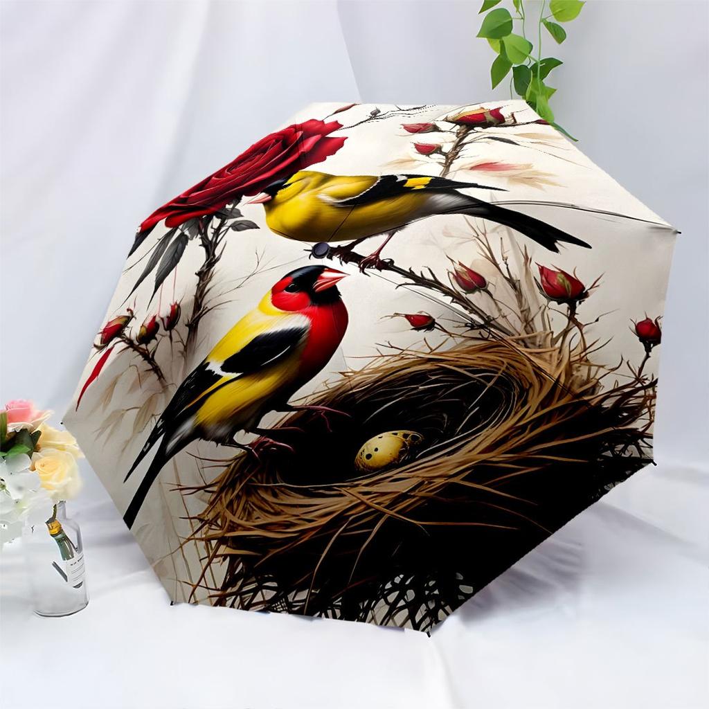 Colorful Bird In A Floral Wonderland Portable Automatic Umbrella Compact 8 Rib Design Foldable Design All Season Travel Compact Folding Umbrella For