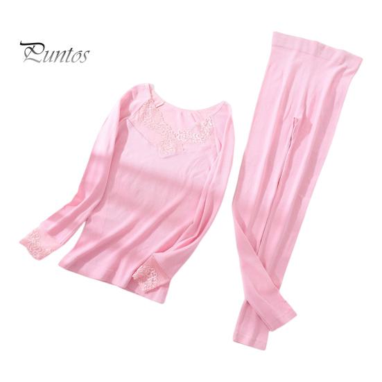 

1 комплект женского термобелья, осенне-зимний кружевной V-образный вырез, длинный рукав, рубашка, длинные брюки, теплая основа для холодной погоды, верхние леггинсы розовый